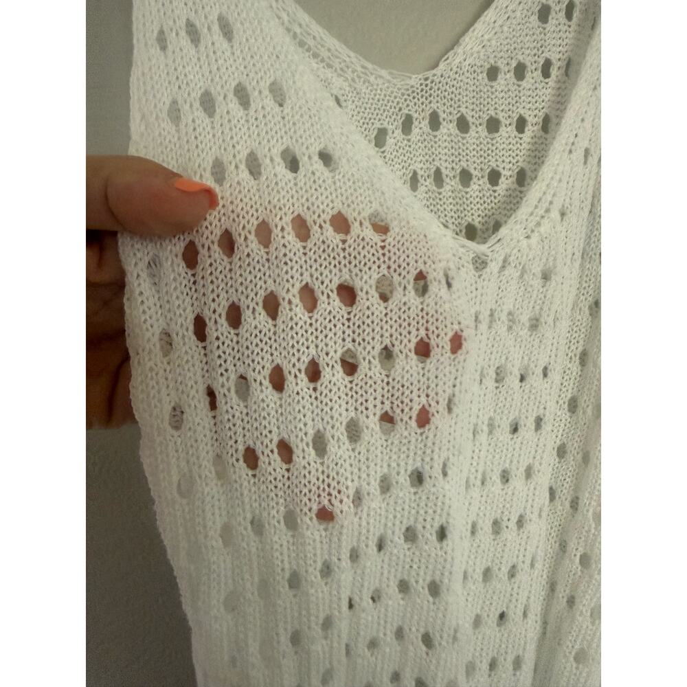 White Crochet Knit Sleeveless Mini Dress Beach Cover Up Eyelet Open Knit Boho - Picture 3 of 7